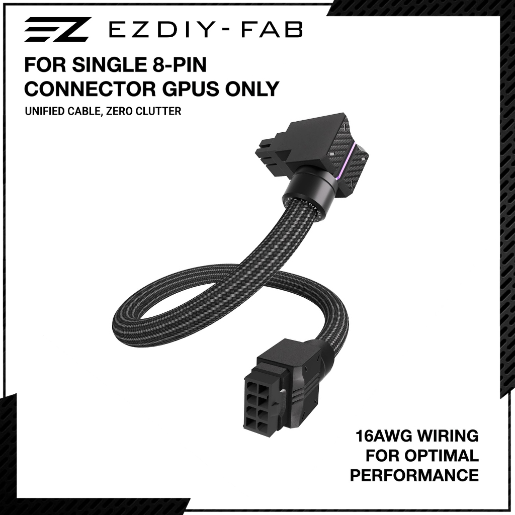 EZDIY-FAB UNIFAS ARGB 8-Pin GPU Extension Cable,16AWG 90° Right-Angle PCIe PSU Extension - Black