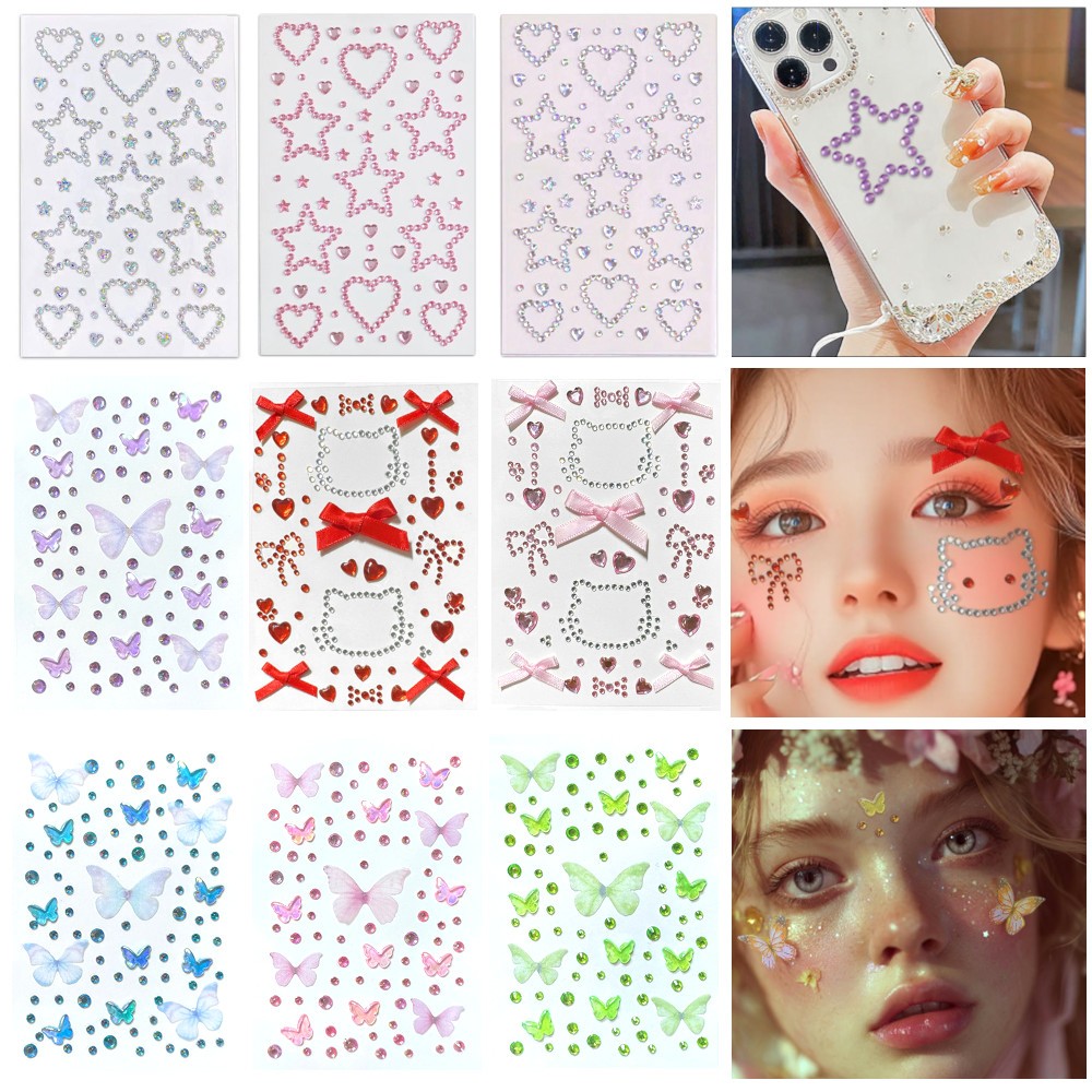 [พร้อมส่ง] สติ๊กเกอร์คริสตัล รูปทรงสำเร็จรูป ดาว หัวใจ ผีเสื้อ ดอกไม้ DIY Fancy Crystal Diamond Pearl Gems Sticker