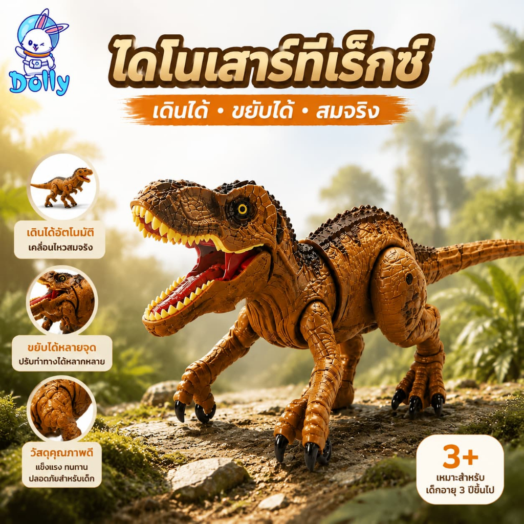 Dolly ไดโนเสาร์รีโมทคอนโทรล 2.4G พ่นควัน มีเสียง+แสง เดินได้