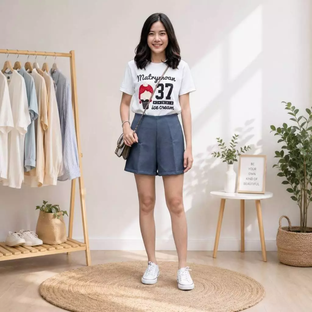 กางเกงขาสั้นผู้หญิง ขอบในตัวซิปข้าง (ผ้าฮานาโกะ) (S-XL)