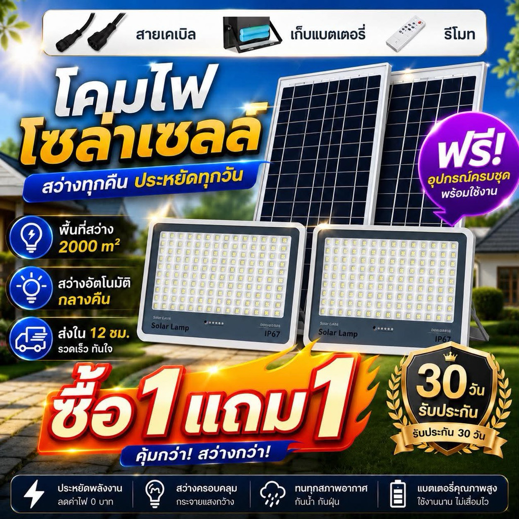 ไฟโซล่าเซลล์พลังงานแสงอาทิตย์ กันน้ำ ทนทาน ป้องกันฟ้าผ่า