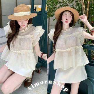 🔥aimorn_shop🔥 เสื้อคอกลม แต่งระบาย มีความฟรุ้งฟริ้งน่ารักมาก ผ้าบางพริ้ว ใส่สบายสุดๆ แมทช์ง่าย