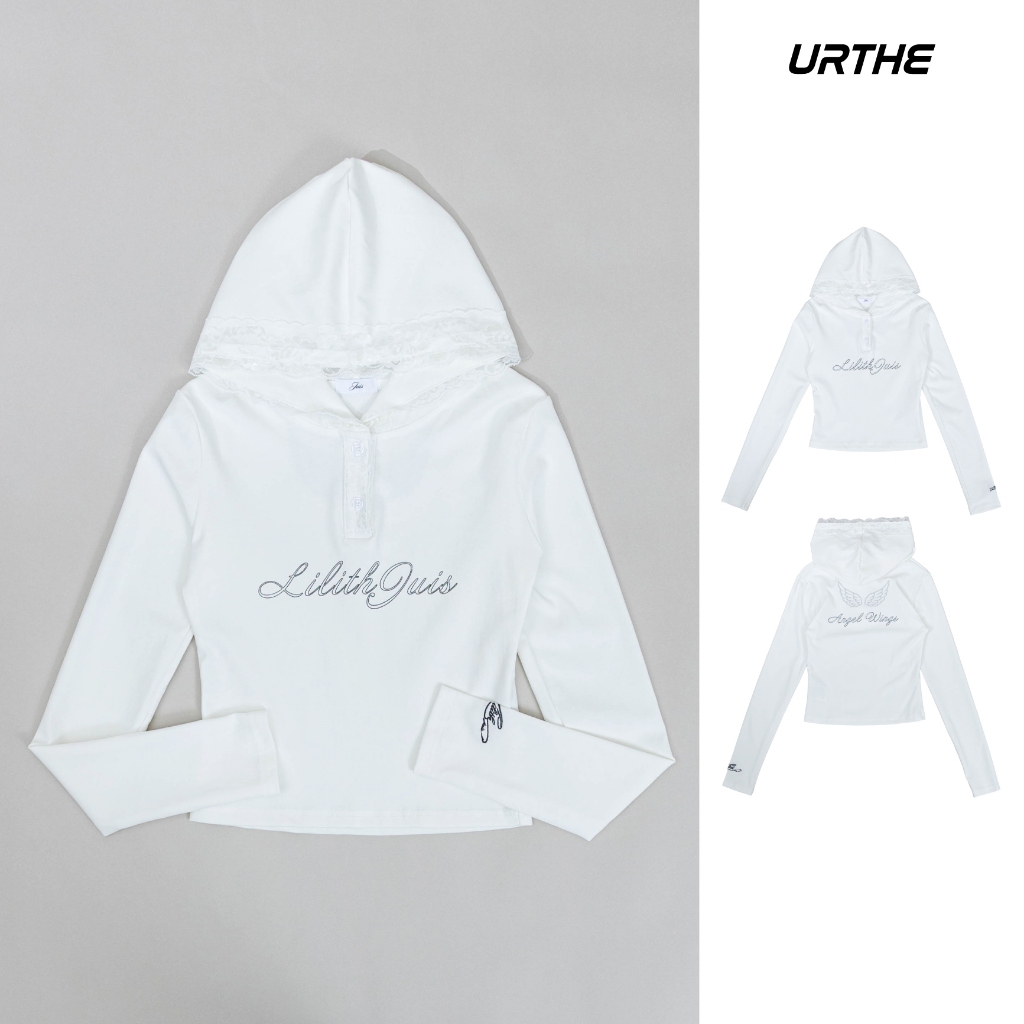 URTHE - เสื้อฮู้ด แขนยาว แต่งลูกไม้ รุ่น ANGEL WINGS HOODIE - Col. JUIS LILITH