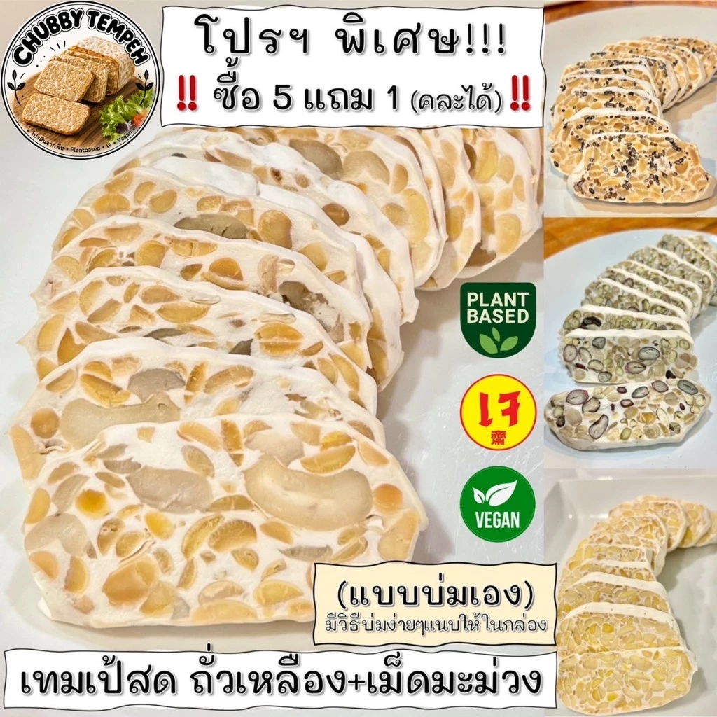 เทมเป้สด ถั่วเหลือง+เม็ดมะม่วงฯ (5แถม1) 100g. (แบบบ่มเอง) โปรตีนจากพืช PlantBased เจ Vegan มังสวิรัติ Tempeh