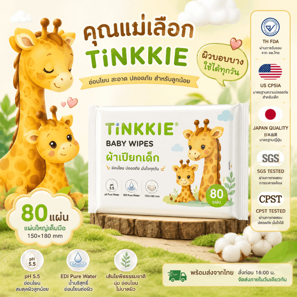 ผ้าเปียกเด็ก TINKKIE EDI Pure Water เส้นใยพืช เนื้อนุ่ม pH5.5 แผ่นใหญ่ 150x180mm 80 แผ่น ใช้ได้ทุกวัน