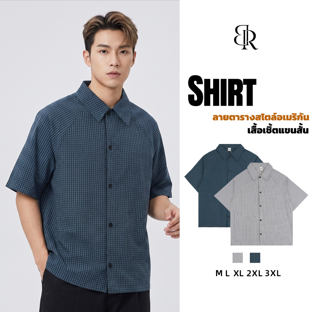 B&R ย้อนยุคสไตล์ญี่ปุ่น เสื้อเชิ้ตแขนสั้น Short-sleeved shirt คอพับแขนสั้น ความรู้สึกแบบวัยรุ่น ดีไซน์ลายสก็อต หลวมสบาย