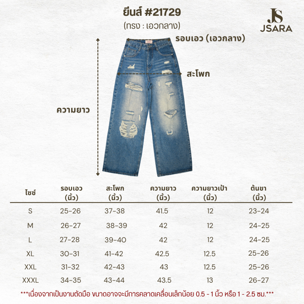 JSARA  Famous jeans เอวกลาง สีฟอก แต่งขาด Unisex ผ้าไม่ยืด ขนาด S-3XL ขายาวรุ่นรหัส 21729 รูปที่ 2