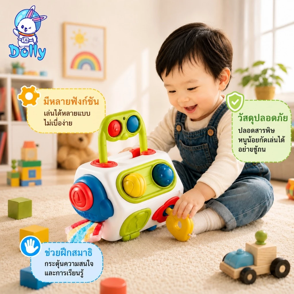 Dolly ลูกบาศก์ของเล่นฝึกทักษะ 6in1 มัลติฟังก์ชัน ฝึกมือประสาน สำหรับเด็กทารก 6เดือน-3ปี วัสดุปลอดภัย