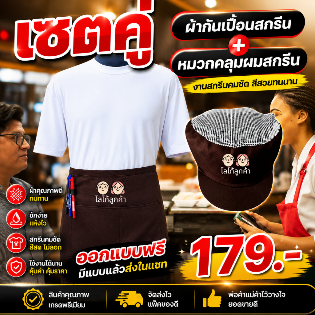 เซตคู่ ผ้ากันเปื้อนครึ่งตัว+หมวกคลุมผม สกรีนโลโก้ร้าน ลายตามแบบที่สั่ง ออกแบบให้ฟรี ไม่มีขั้นต่ำ พ่อค้า แม่ค้า