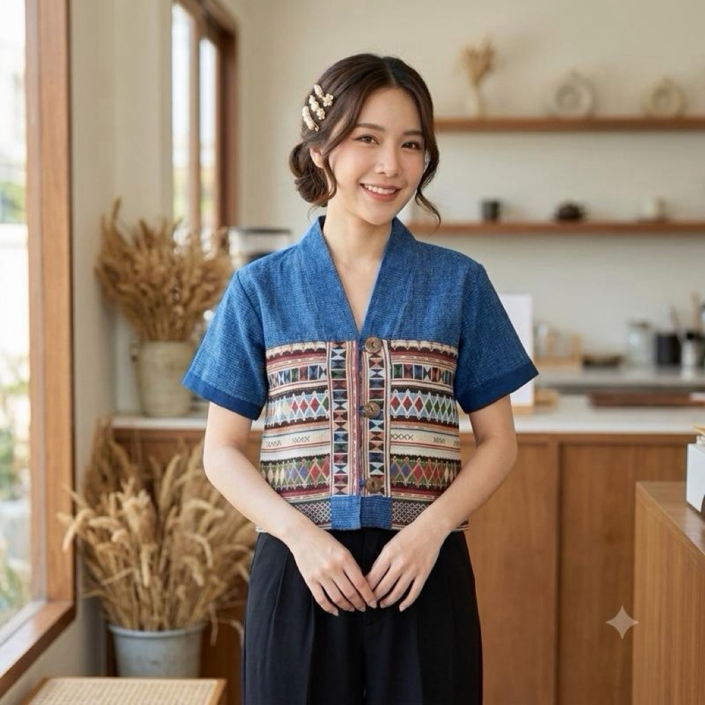 เสื้อผ้าฝ้าย ฟอกสโตนวอส สีไม่ตก คอวี ผู้หญิง รูปที่ 4