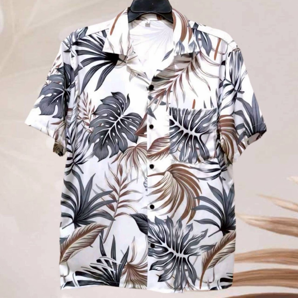 เสื้อเชิ้ตฮาวาย ลายใบไม้เทาน้ำตาล (พื้นสีขาว) ผ้าไหมอิตาลี