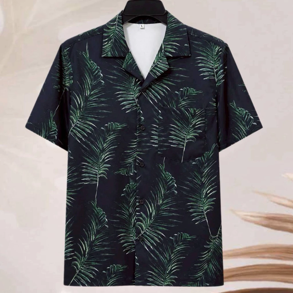 เสื้อเชิ้ตฮาวาย ลายใบไม้เขียว (พื้นสีดำ) ผ้าไหมอิตาลี