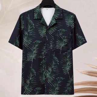 เสื้อเชิ้ตฮาวาย ลายใบไม้เขียว (พื้นสีดำ) ผ้าไหมอิตาลี