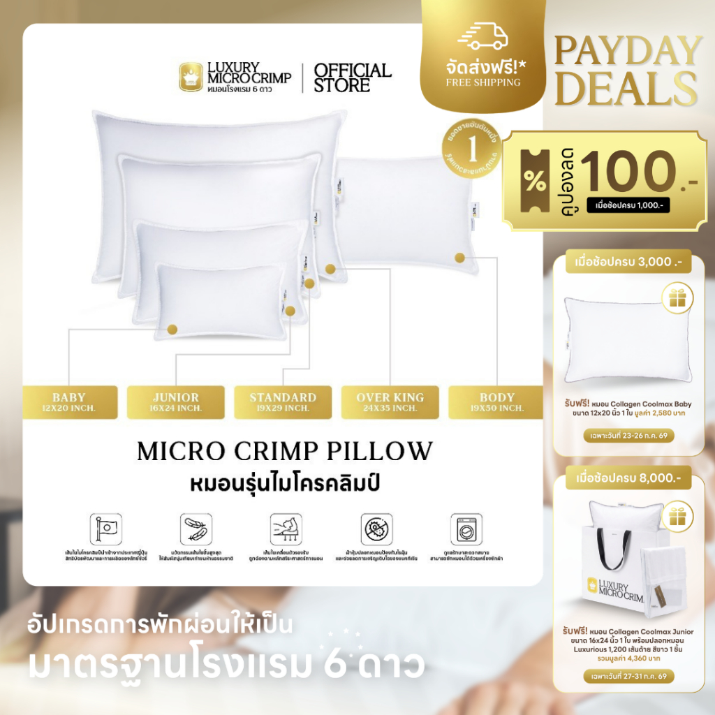 MICRO CRIMP PILLOW หมอนไมโครคลิมป์ เลือกขนาดและระดับความนุ่มได้ หมอนมาตรฐานโรงแรม 6 ดาว