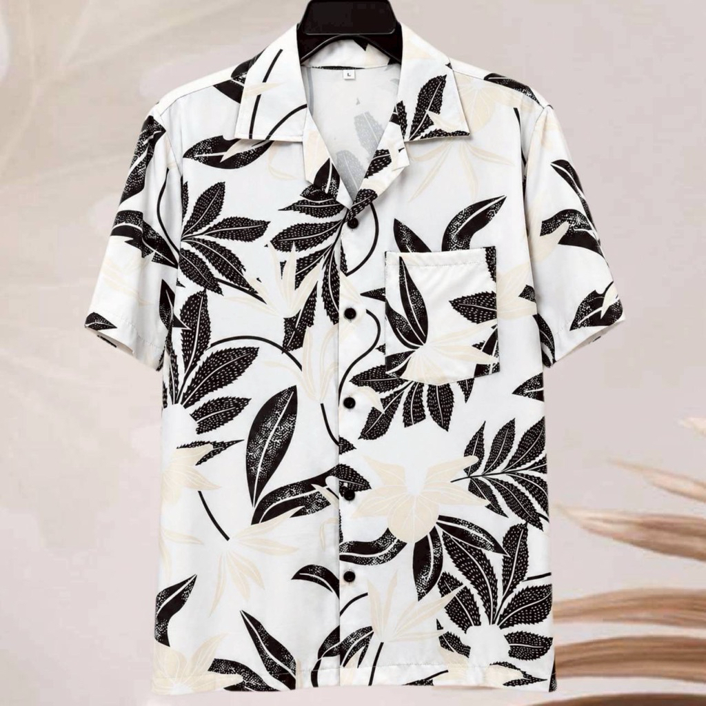 เสื้อเชิ้ตฮาวาย ลายใบไม้ดำครีมสวยๆ (พื้นสีขาว) ผ้าไหมอิตาลี
