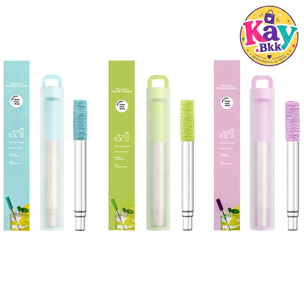 หลอดดูดน้ำสแตนเลส หลอดพกพา หลอดพับได้ ยืดหดได้ ใช้ซ้ำ Stainless Straw (GE-001)