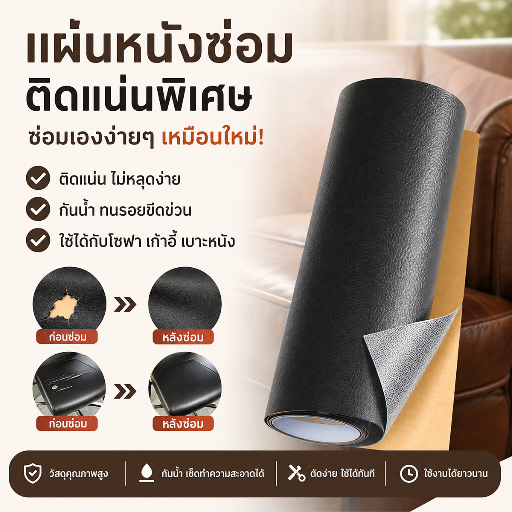 หนังซ่อมเบาะ หนังเทียม PU แบบมีกาวในตัว (3M) กาวคุณภาพสูง สำหรับซ่อมแซมโซฟาและเบาะรถยนต์ ขนาด 100x138cm