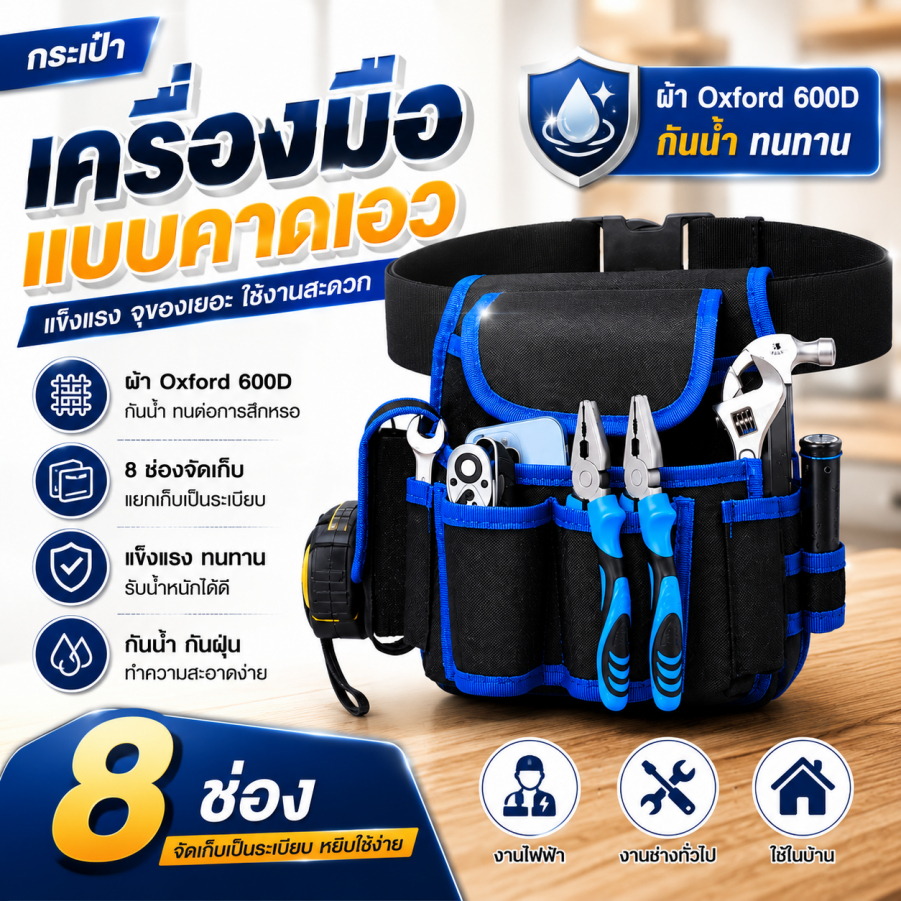 กระเป๋าเครื่องมือคาดเอว ช่างไฟ 8 ช่อง Oxford 600D กันน้ำ