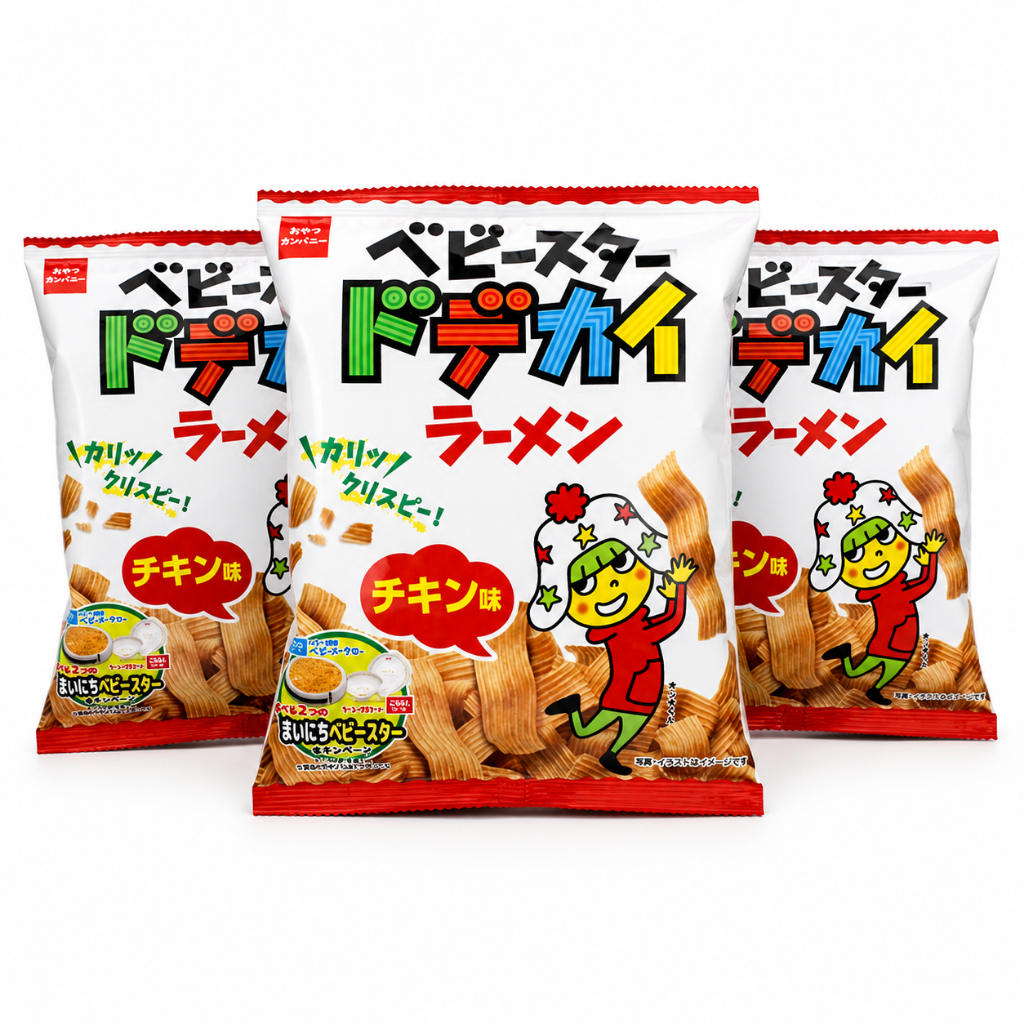 Oyatsu Company Baby Star Dodekai Ramen Snack Chicken Flavor Crispy Noodle Chips 68g Bags Pack of 3 J