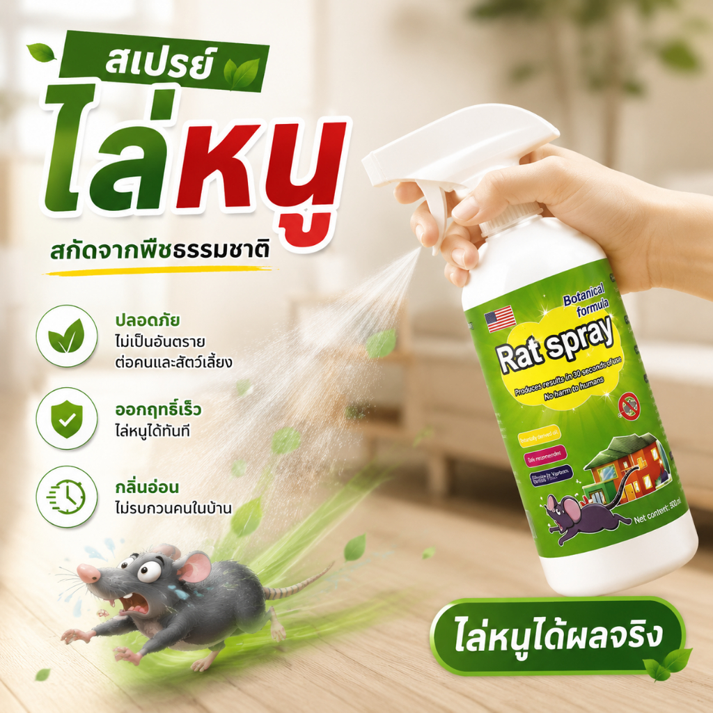 สเปรย์ไล่หนู สูตรพืชธรรมชาติ ป้องกันและไล่หนู 2in1 ออกฤทธิ์รวดเร็ว ใช้งานง่าย กลิ่นไม่ฉุน 500ml