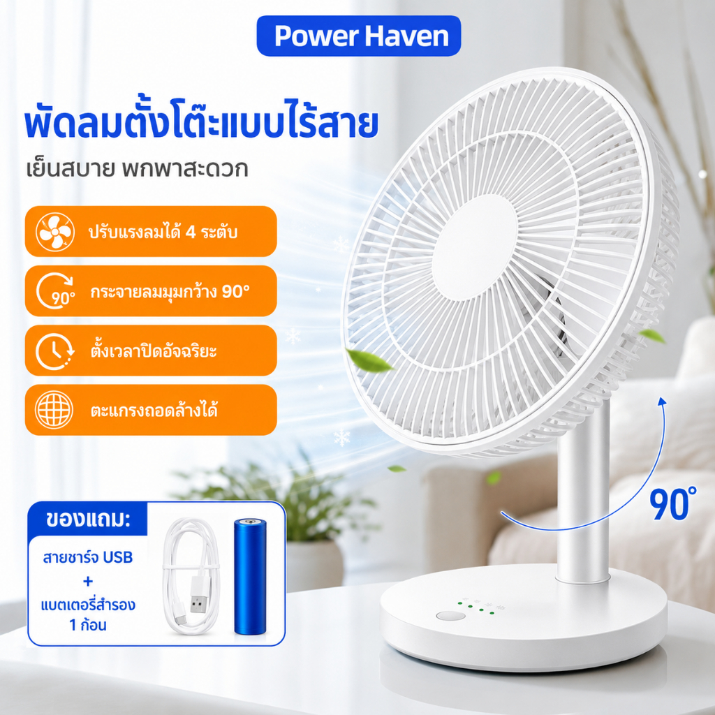 พัดลมตั้งโต๊ะ พกพา USB Rechargeable Fan ส่ายซ้าย-ขวา Auto ปรับความแรงลม 4 ระดับ ใช้ที่บ้าน/ออฟฟิศ/หอพัก