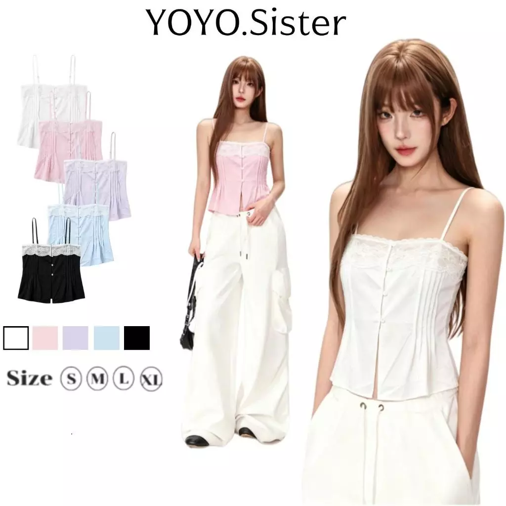 YOYO พร้อมส่ง🌈เสื้อสายเดี่ยวตีเกร็ดหน้า🌈เย็บตีเกล็ดหน้า แต่งลูกไม้ซีทรู สายปรับได้ ดีเทลลูกไม้ตรงหน้าอกสวยมากๆ