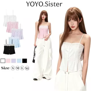 YOYO พร้อมส่ง🌈เสื้อสายเดี่ยวตีเกร็ดหน้า🌈เย็บตีเกล็ดหน้า แต่งลูกไม้ซีทรู สายปรับได้ ดีเทลลูกไม้ตรงหน้าอกสวยมากๆ