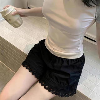 กางเกงขาสั้น สวมใส่สบาย ลําลองสําหรับสตรี ดีไซน์แต่งขอบลูกไม้ มีขนาด S-XXL