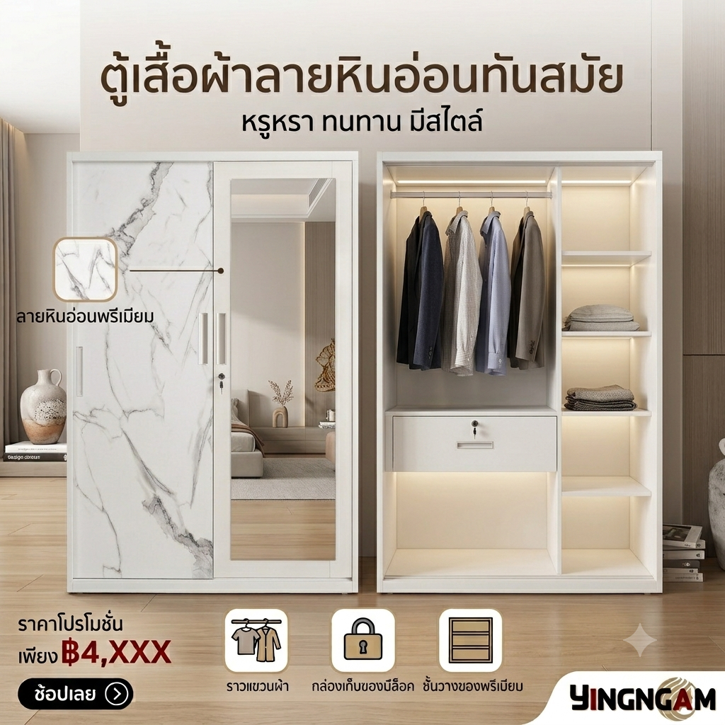 [พร้อมส่ง] ตู้เสื้อผ้าบานเลื่อน ลายหินอ่อนหรูหรา มีกระจกเต็มบาน ตู้เสื้อผ้า 2 บาน มีช่องล็อกนิรภัยด้านใน สไตล์มินิมอล
