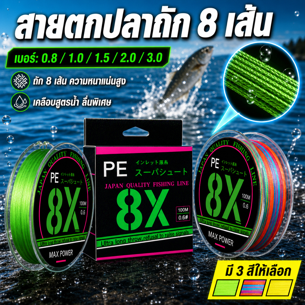สายตกปลา สาย PE แบบถัก หลากสี ยาว 100 เมตร 8 เส้น สายเอ็นตกปลา X8 เหนียวแข็งแรงทนทาน