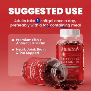 Mulittea astaxanthin+น้ำมันปลา+น้ำมันคริลล์ สารต้านอนุมูลอิสระ บำรุงข้อต่อ กล้ามเนื้อ ผิวหนัง ตา และหลอดเลือด 120 ชิ้น