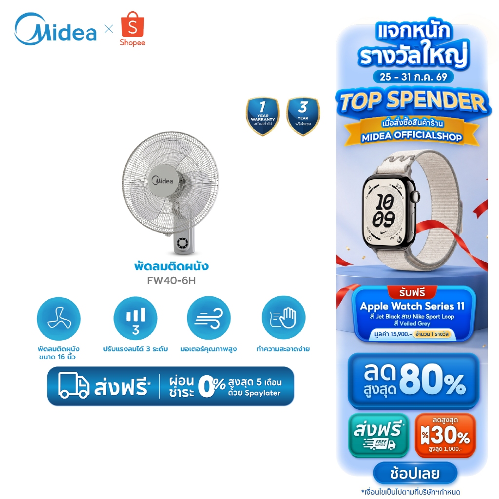 Midea พัดลมติดผนังไมเดีย (Wall Fan) 16 นิ้ว รุ่น FW40-6H (เชือก) *รับประกันสินค้า 3 ปี