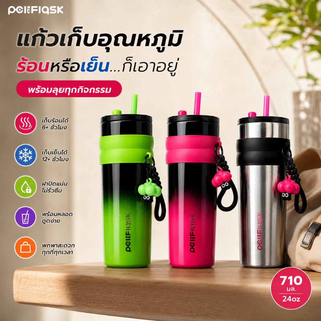Peliflask ความจุขนาดใหญ่ แก้วน้ำสแตนเลสแก้วกาแฟพกพา และ แก้วเก็บเย็น ถ้วยฟาง มีเชือกคล้องแบบพกพา 710ML 24OZ