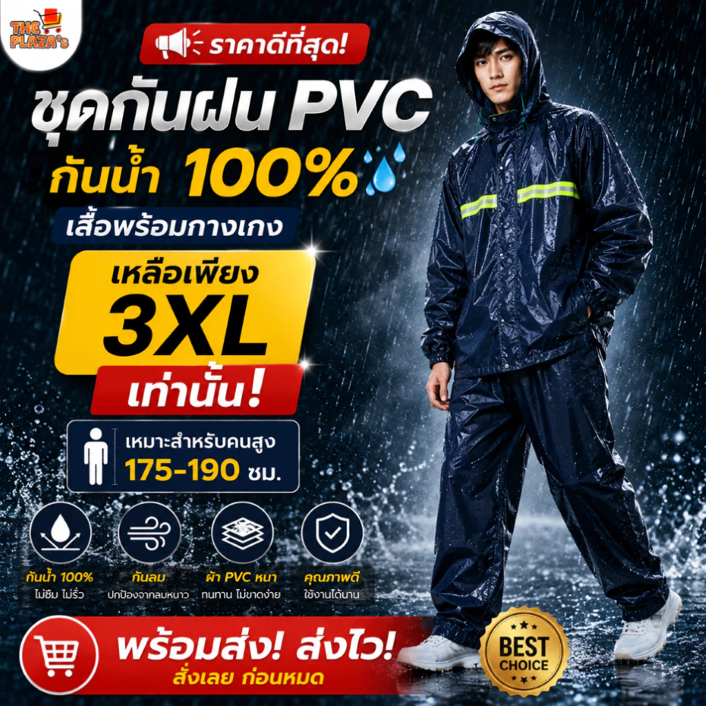 ชุดกันฝน PVC กันน้ำ 100% เสื้อ+กางเกง ผ้าหนา สำหรับไรเดอร์ thumbnail 7