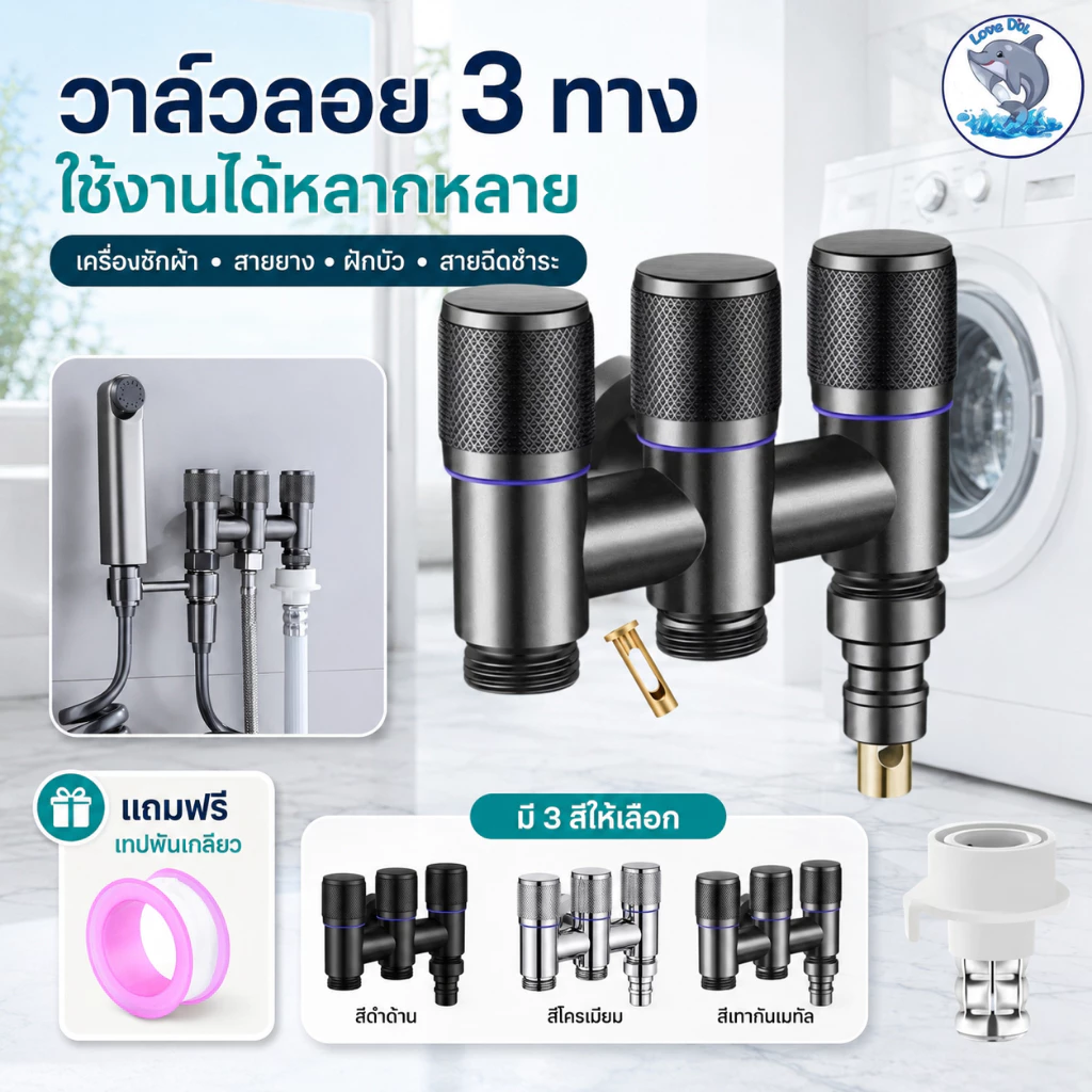 วาล์วลอย 3 ทาง ใช้ได้กับเครื่องซักผ้า ต่อสายยาง ฝักบัว สายฉีดชำระแถมฟรีเทปพันเกลียว มี 3 สี ให้เลือก