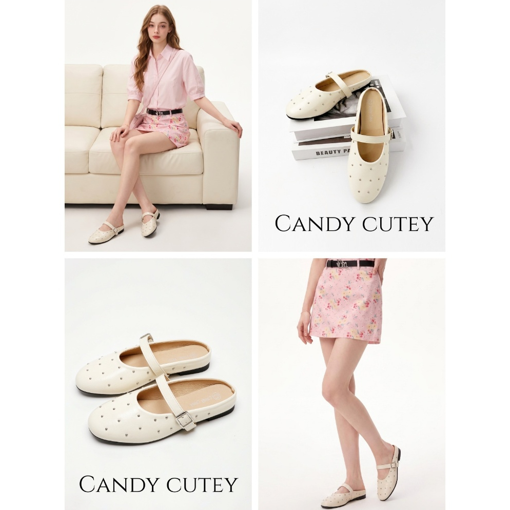 CandyCutey รองเท้าแตะมิวเลอร์ Mary Jane สไตล์เรโทรฝรั่งเศส หุ้มปลาย หัวกลม ติดหมุดโลหะ พื้นหนังนุ่ม ทนทานสวมใส่ง่าย