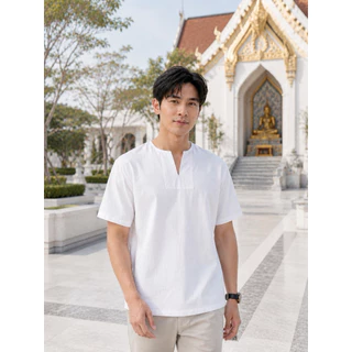 เสื้อผ้าฝ้าย ผ้าพื้นเมือง (หนังกบ) คอเจาะ แขนสั้น สีขาว