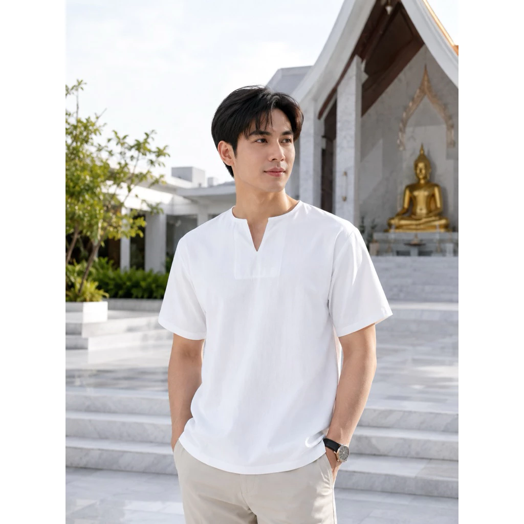 เสื้อผ้าฝ้าย ผ้าพื้นเมือง (หนังกบ) คอเจาะ แขนสั้น สีขาว