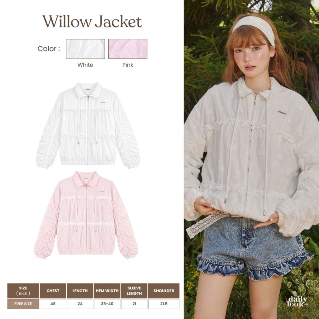 DAILYLOOK.SM --- Willow jacket เสื้อแจ็กเก็ต ผ้าคอตตอน เพิ่มลูกเล่นปักลายโบว์ทั้งตัวและระบายช่วงอก