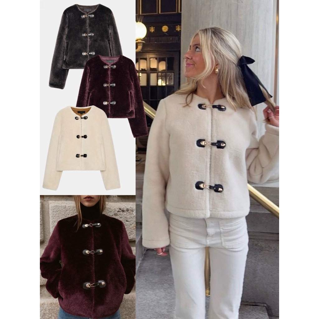 (ของแท้ ) Zara double-faced jacket with toggles แจ็คเก๊ตแขนยาวคอกลม ผ้าขนเทียม ด้านในเป็นผ้าหนังกลับ ดีไซน์ตะขอหน้า