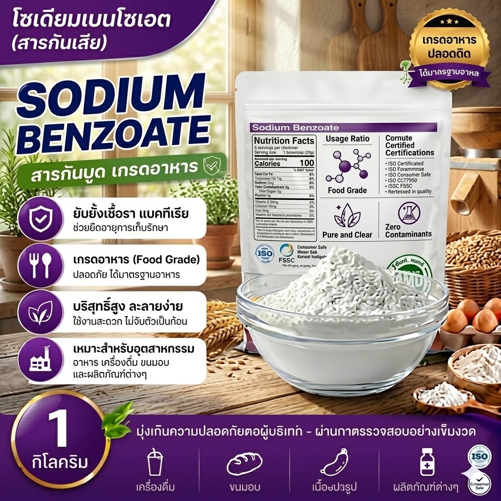 5027 Sodium Benzoate Powder ขนาด 1 กิโลกรัม และ 500 กรัม โซเดียมเบนโซเอต (Sodium Benzoate) สารกันบูด