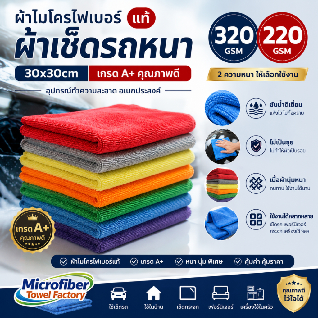 ผ้าไมโครไฟเบอร์ แท้ ผ้าเช็ดรถหนา 320gsm/220gsm 30x30cm เกรด A+  อุปกรณ์ทำความสะอาด คุณภาพดี
