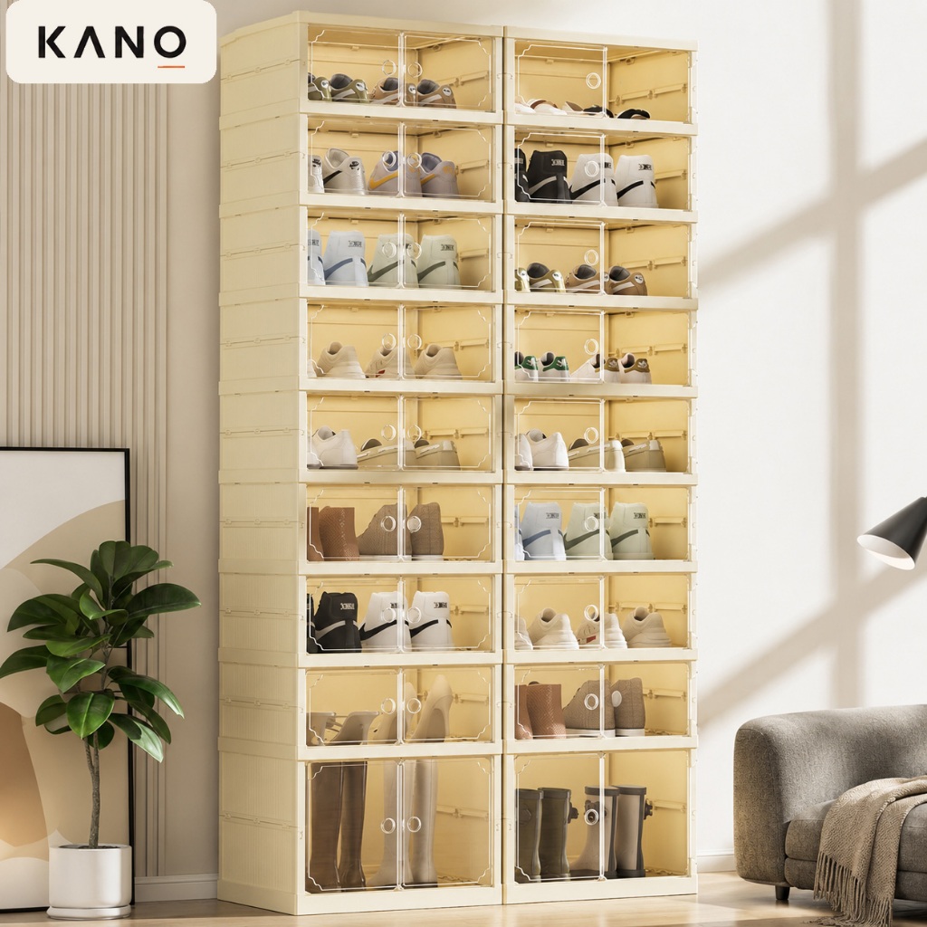 KANO ตู้รองเท้าพับได้ ประตูใสกันฝุ่น ชั้นวางรองเท้า กล่องเก็บรองเท้า PP ไม่ต้องประกอบ จุเยอะ ประหยัดพื้นที่ แข็งแรง