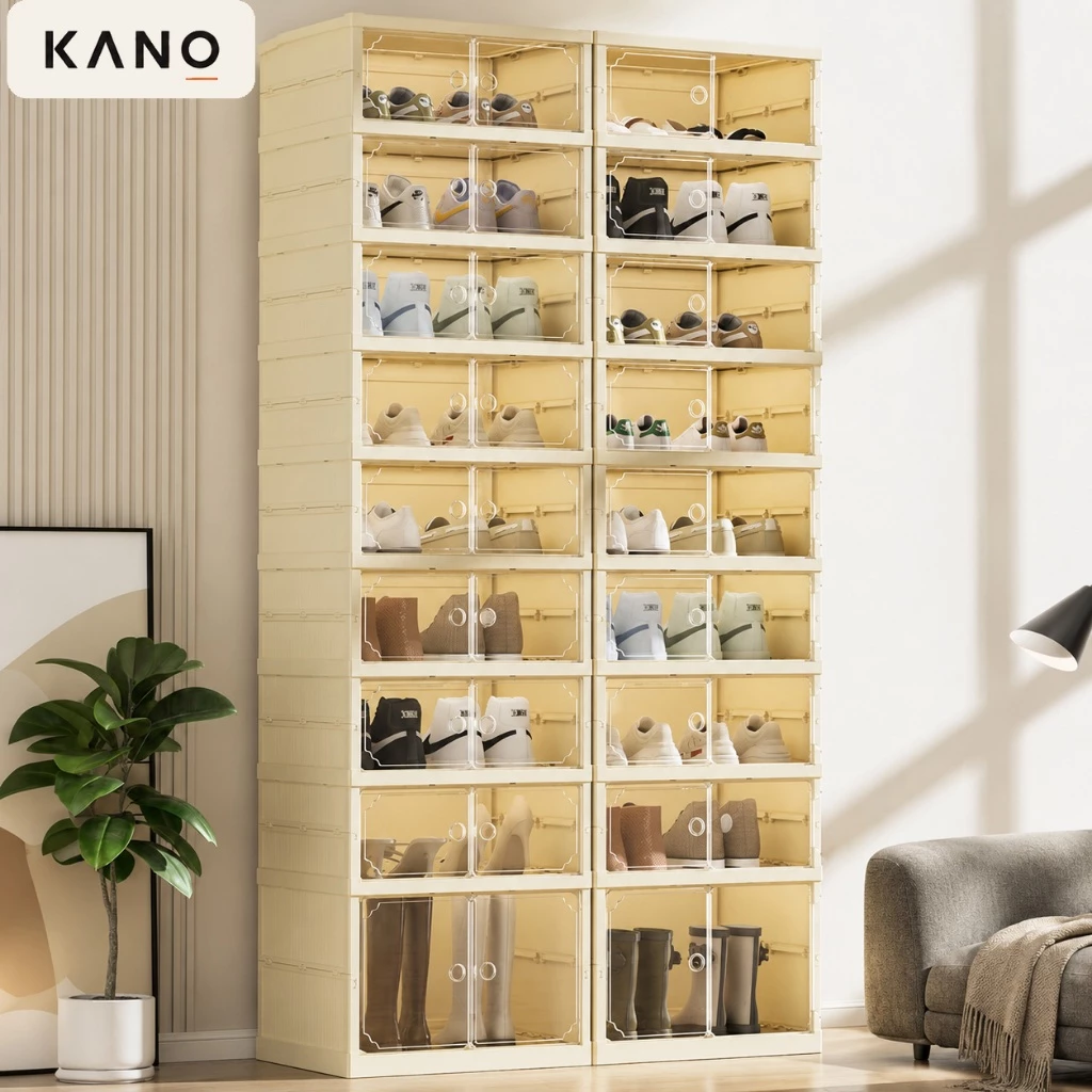 KANO ตู้รองเท้าพับได้ ประตูใสกันฝุ่น ชั้นวางรองเท้า กล่องเก็บรองเท้า PP ไม่ต้องประกอบ จุเยอะ ประหยัดพื้นที่ แข็งแรง