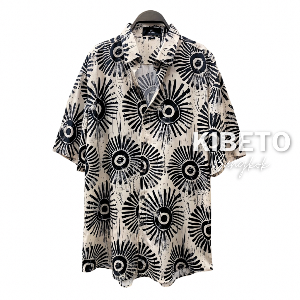 Kibeto เสื้อฮาวาย ลายพระอาทิตย์วินเทจ สีกรม/ครีม ผ้าสปันเรยอน ผ้านิ่ม ใส่สบาย M L XL 2XL 3XL