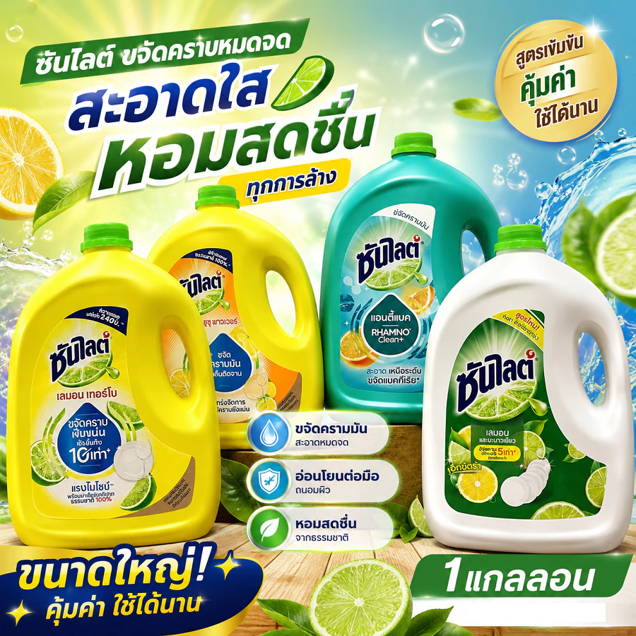 (1 แกลอน) SunLight ซันไลต์ น้ำยาล้างจาน ขจัดคราบมัน แกลอน 2800-3200 มล.