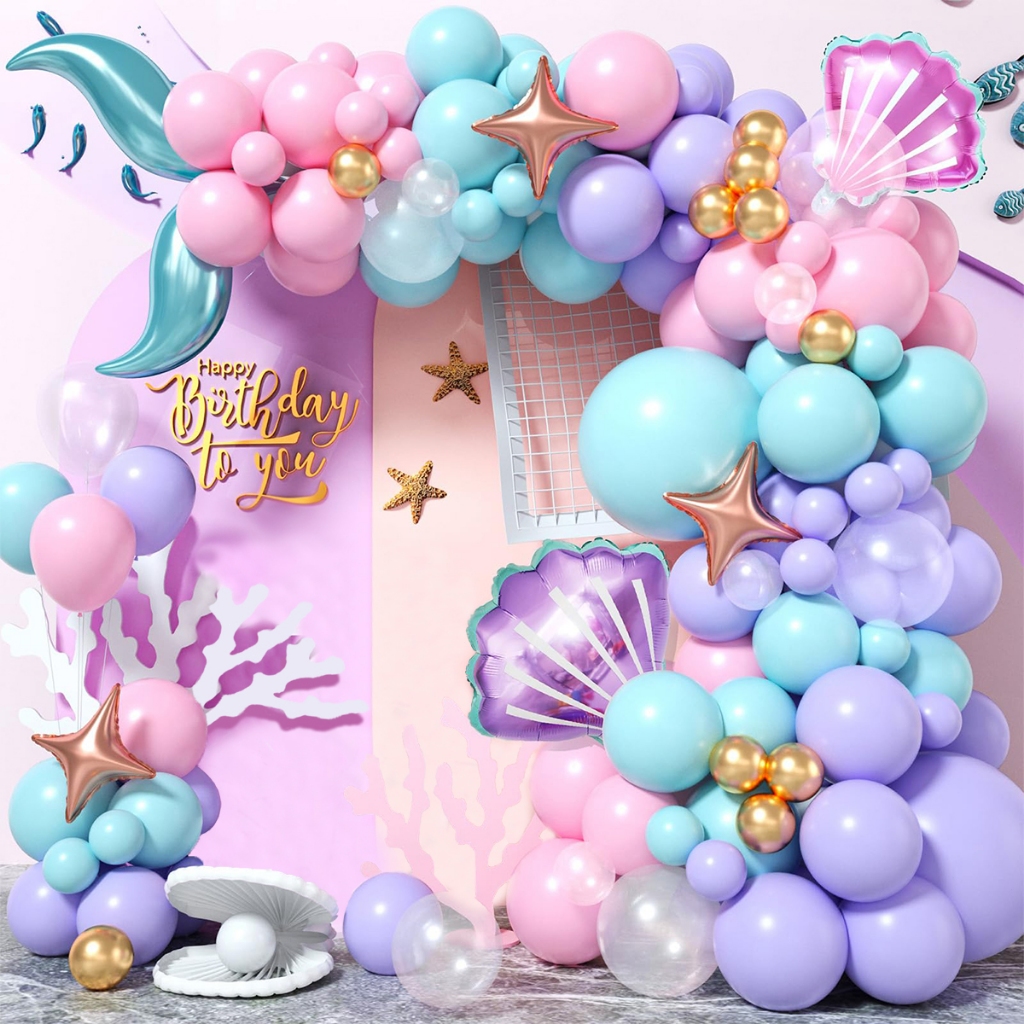 ชุดลูกโป่งเงือกสาว 96ชิ้น สีฟ้า-ชมพู-ม่วง ลูกโป่งโครงประตูโค้ง Mermaid Balloon Garland ตกแต่งวันเกิดเด็กผู้หญิง ปาร์ตี้ธ