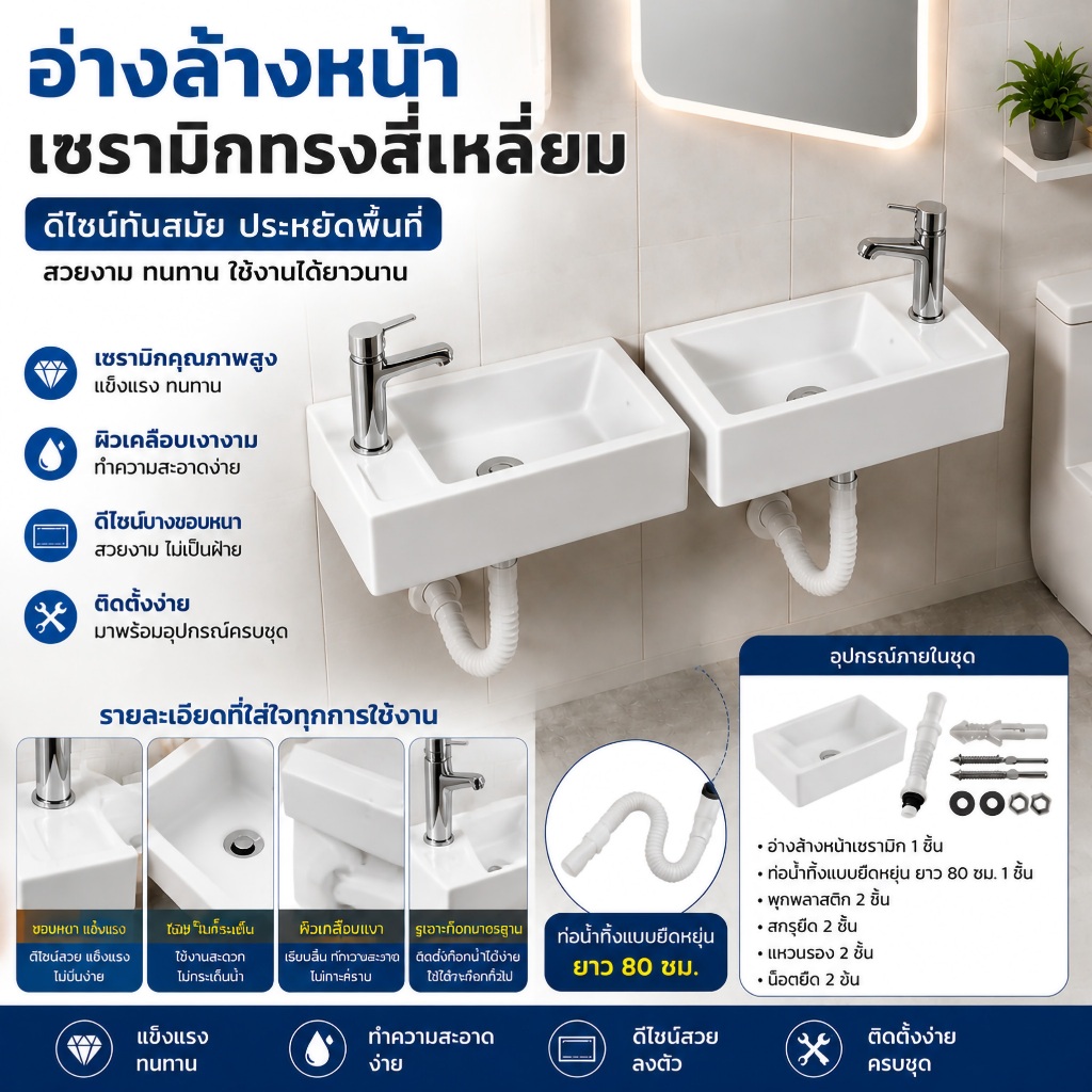 อ่างล้างหน้าเซรามิกไซส์มินิ แขวนผนังสีขาว ดีไซน์มินิมอลทันสมัย ทำความสะอาดง่าย เหมาะกับห้องน้ำขนาดเล็ก