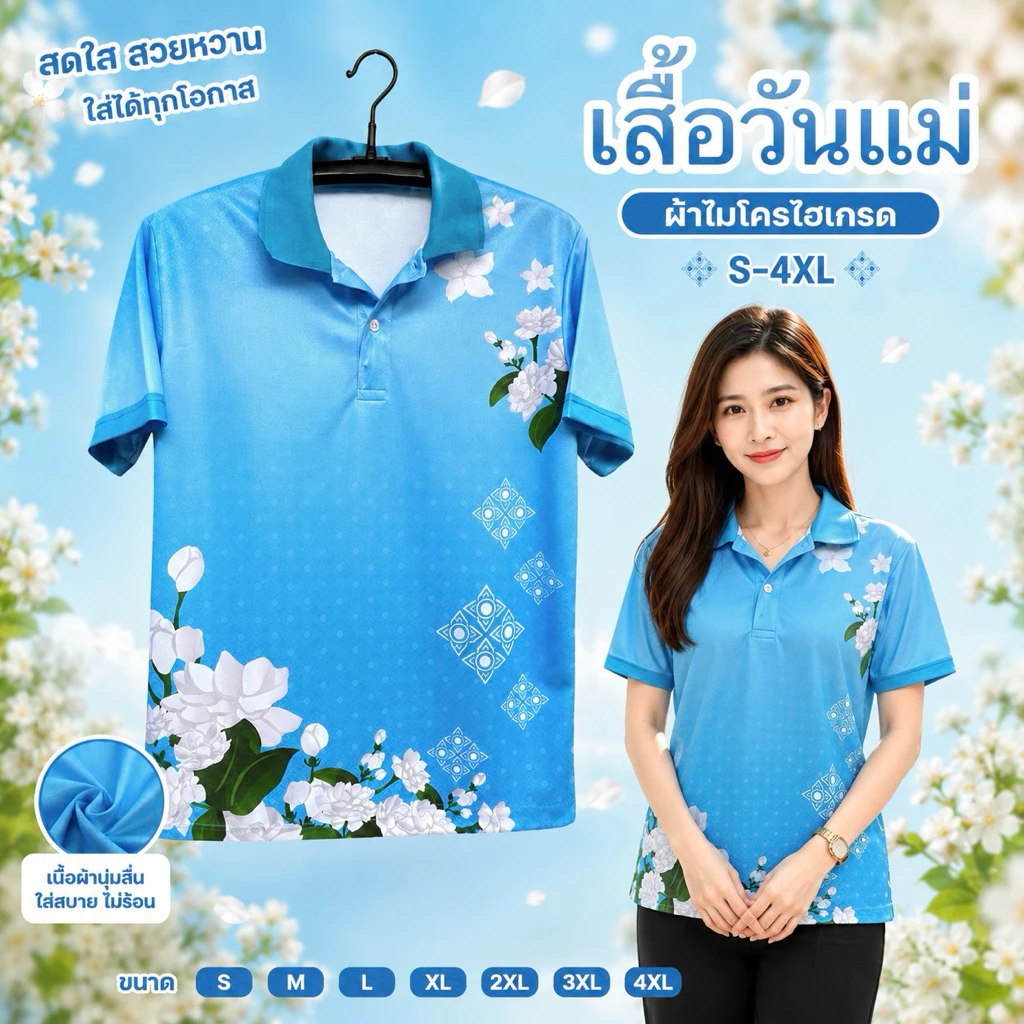 เสื้อวันแม่ เสื้อฟ้าวันแม่ พิมพ์ลายดอกมะลิ เนื้อผ้านุ่มลื่น ใส่สบาย