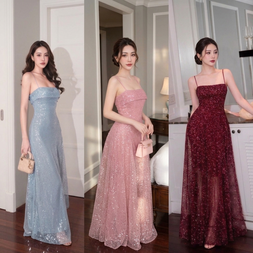 LS5294 เดรสสายเดี่ยวปักเลื่อม วิบวับ ลุคเจ้าหญิง